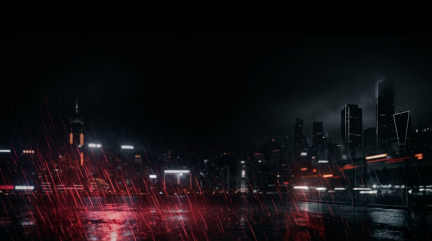 Cinematic neon-red rain over a dark city